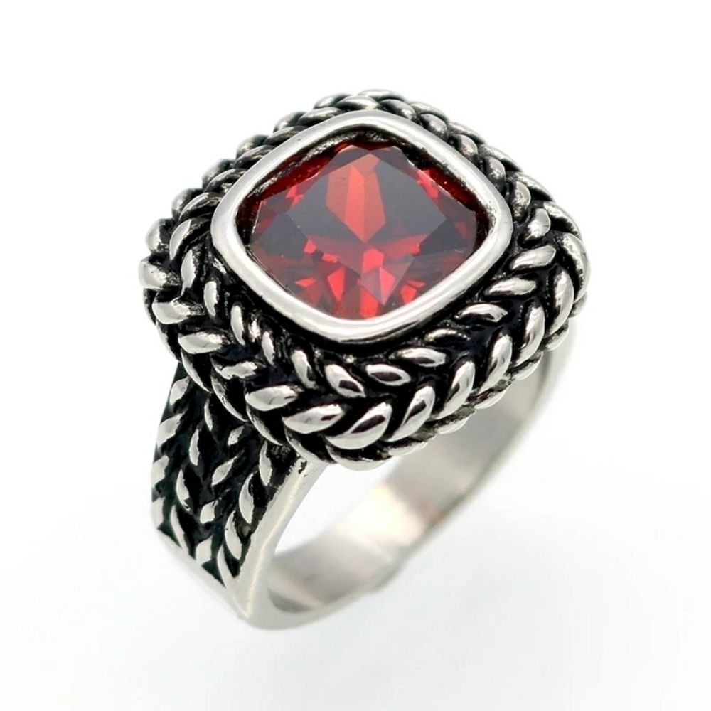 Chunky Ruby CZ & Stainless Steel Ring - Sz 6, 7 & 8